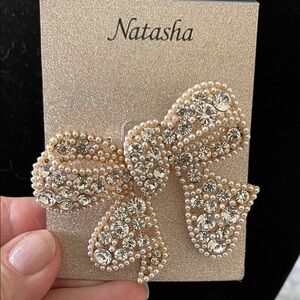 Natasha Couture Pearl and Crystal Bow Brooch